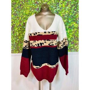 Brand New Burgandy Leopard Colorblock Sweater Size Large Modern Chic